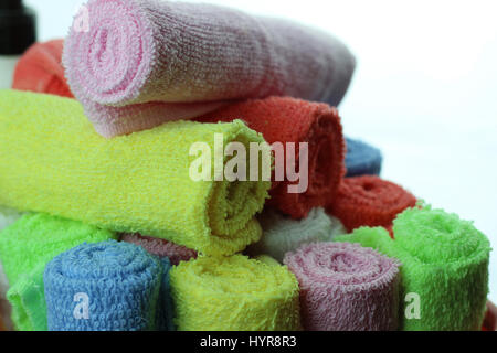 set of multi-colored towels Stock Photo