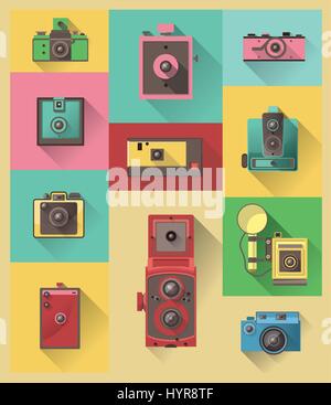 vector flat design long shadow icon of vintage camera Stock Vector