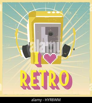i love retro sign with walkman on postcard or poster. retro vintage poster or postcard design with walkman Stock Vector