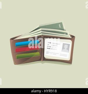Classic modern brown leather pocket open fat wallet filled with dollar banknotes vector illustration Stock Vector