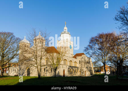 Portsmouth Cathedral, City of Portsmouth, Hampshire, southern England on a sunny day in afternoon sun with long shadows and clear blue sky in winter Stock Photo