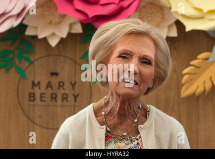 Jill Downs, Innovation Director for Finsbury food group (left), with Mary  Berry during an afternoon tea for the launch of her line of ready made  cakes with Finsbury food group at the