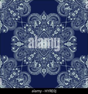 Abstract circular paisley pattern. Traditional oriental geometric mandala ornament. Ecru outlines on blue background. Textile design. Stock Vector
