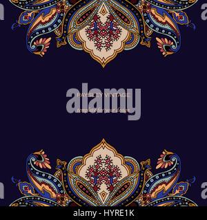 Vintage invitation card with paisley ornament. Vibrant colors on indigo blue background.  Template frame for your design. Stock Vector