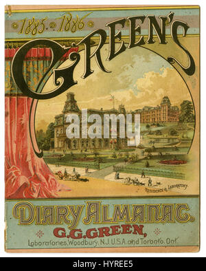 Cover of the 1885-1886 Green's Diary Almanac by G.G. Green, showing the Residence & Laboratory in Woodbury, New Jersey, USA. Stock Photo