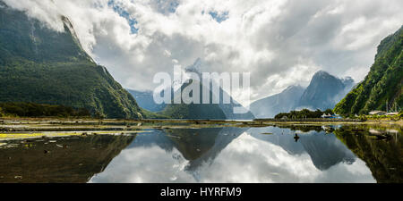 Miter Peak reflected in the water, Milford Sound, Fiordland National Park, Te Anau, Southland Region, Southland, New Zealand Stock Photo