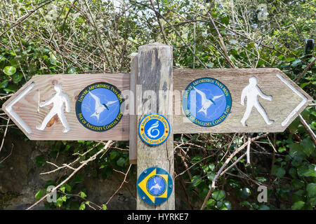 Signpost on the Isle of Anglesey coastal path, Wales, UNited Kingdom Stock Photo