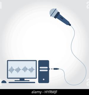 PC with microphone unplugged. Sound wave symbol showing on monitor. Empty space for insert text. Flat design. Stock Vector