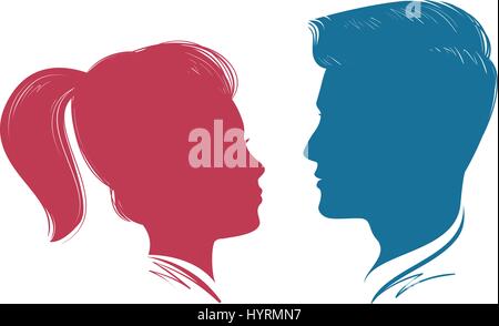 Portrait of man and woman. Head profile, silhouette. Wedding, love, people symbol. Vector illustration Stock Vector