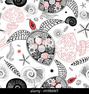 Graphic sea seamless pattern of ornamental turtles and marine star on the light background Stock Vector