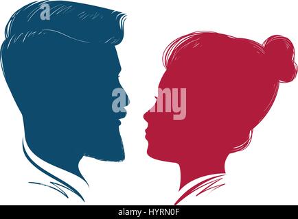 Portrait of man and woman. Head profile, silhouette. Wedding, love, people symbol. Hipster, vector illustration Stock Vector
