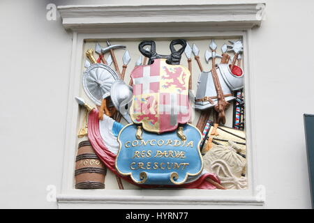 17th century gable  stone on Hoofdwacht building (military garrison barracks) next to Janskerk (St John's Church) at Janskerkhof, Utrecht, Netherlands Stock Photo