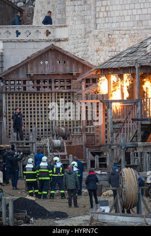 Spectacular views could be seen today as Robin Hood: Origins, filming came to the end. The whole set placed at Posat has been set on fire or at least it seemed that way. Actually, it was a stimulation with controled special effects. It looked quite real and it was a great ending to almost 2 weeks of filming in Dubrovnik.  Featuring: Atmosphere Where: Dubrovnik, Croatia When: 06 Mar 2017 Credit: WENN.com  **Only available for publication in UK, USA, Germany, Austria, Switzerland** Stock Photo