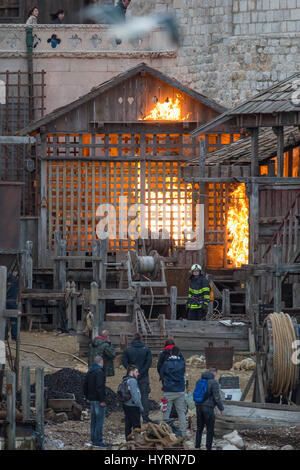 Spectacular views could be seen today as Robin Hood: Origins, filming came to the end. The whole set placed at Posat has been set on fire or at least it seemed that way. Actually, it was a stimulation with controled special effects. It looked quite real and it was a great ending to almost 2 weeks of filming in Dubrovnik.  Featuring: Atmosphere Where: Dubrovnik, Croatia When: 06 Mar 2017 Credit: WENN.com  **Only available for publication in UK, USA, Germany, Austria, Switzerland** Stock Photo