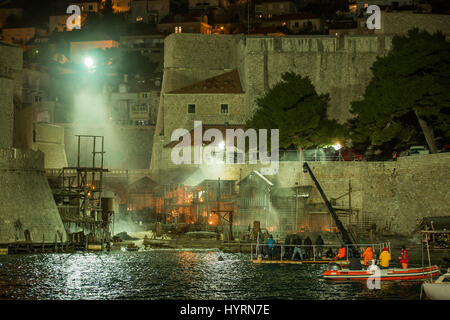 Spectacular views could be seen today as Robin Hood: Origins, filming came to the end. The whole set placed at Posat has been set on fire or at least it seemed that way. Actually, it was a stimulation with controled special effects. It looked quite real and it was a great ending to almost 2 weeks of filming in Dubrovnik.  Featuring: Atmosphere Where: Dubrovnik, Croatia When: 06 Mar 2017 Credit: WENN.com  **Only available for publication in UK, USA, Germany, Austria, Switzerland** Stock Photo