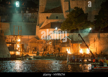 Spectacular views could be seen today as Robin Hood: Origins, filming came to the end. The whole set placed at Posat has been set on fire or at least it seemed that way. Actually, it was a stimulation with controled special effects. It looked quite real and it was a great ending to almost 2 weeks of filming in Dubrovnik.  Featuring: Atmosphere Where: Dubrovnik, Croatia When: 06 Mar 2017 Credit: WENN.com  **Only available for publication in UK, USA, Germany, Austria, Switzerland** Stock Photo