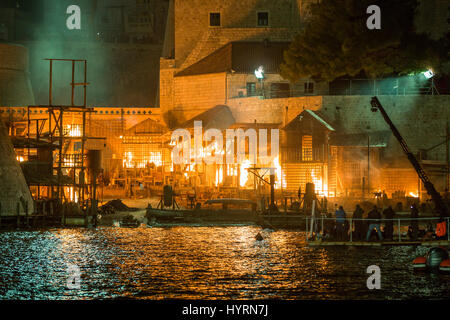 Spectacular views could be seen today as Robin Hood: Origins, filming came to the end. The whole set placed at Posat has been set on fire or at least it seemed that way. Actually, it was a stimulation with controled special effects. It looked quite real and it was a great ending to almost 2 weeks of filming in Dubrovnik.  Featuring: Atmosphere Where: Dubrovnik, Croatia When: 06 Mar 2017 Credit: WENN.com  **Only available for publication in UK, USA, Germany, Austria, Switzerland** Stock Photo