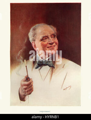 Vintage engraving of Old man smoking a pipe, c. 1913 Stock Photo