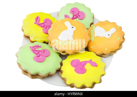 beautiful easter cakes with color glazed decor of rabbit Stock Photo