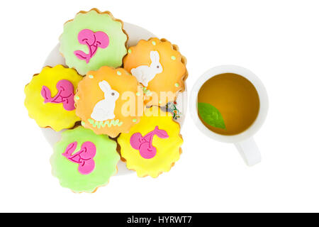 beautiful easter cakes with color glazed decor of rabbit Stock Photo