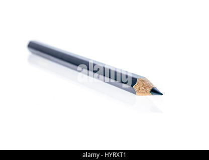 Tip of sharpened old blue colour pencil isolated on white background. Used old color pencil is sharpened and reused. Creativity and conservation conce Stock Photo
