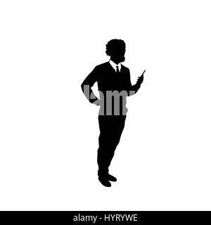 Business Man Black Silhouette Using Cell Smart Phone Full Length Over White Background Stock Vector