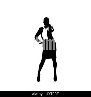 Business Woman Black Silhouette Full Length Speak Cell Smart Phone Call Over White Background Stock Vector