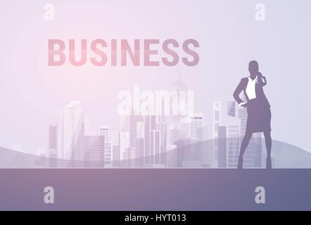 Business Woman Black Silhouette Full Length Speak Cell Smart Phone Call Over City Background Stock Vector