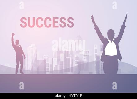 Business Woman And Man Silhouette Excited Raised Hands Over Big City Background Stock Vector