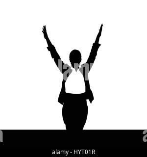 Business Woman Black Silhouette Excited Raised Hands Over White Background Stock Vector