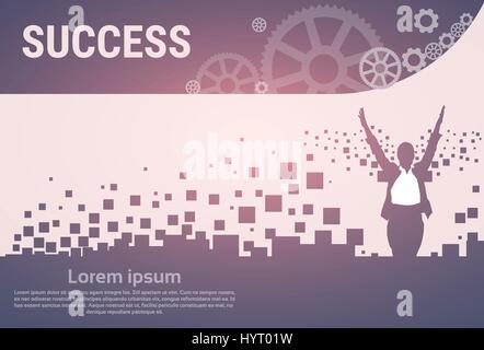 Business Woman Silhouette Excited Raised Hands Banner Stock Vector