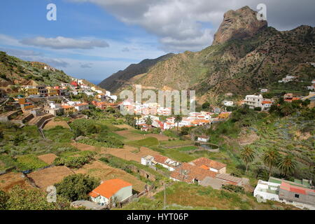 VALLEHERMOSO, LA GOMERA, SPAIN: General view of the valley with terraced fields and Roque Cano in the background Stock Photo