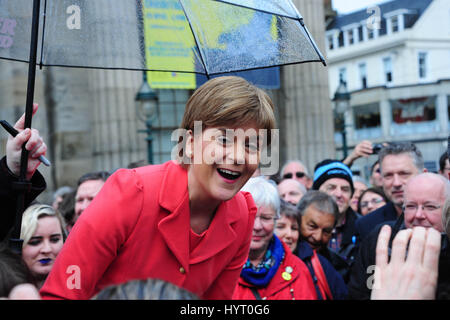 SNP leader and First Minister Nicola Sturgeon poses for a photograph after an outdoor rally in Edinburgh on the last day of the general election campaign Stock Photo