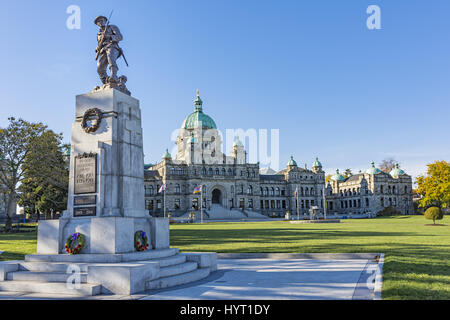 British Columbia Parliament Building with War Memorial in the foreground  on a sunny day Victoria BC Canada Stock Photo