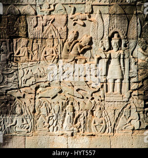 Square view of the carvings in the Bayon temple in Cambodia. Stock Photo