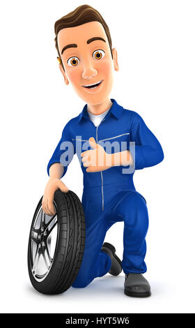 3d mechanic with tire and thumb up, illustration with isolated white background Stock Photo