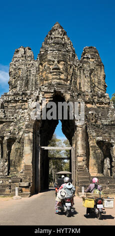 Vertical view of the Southern Gateway at Angkor Thom in Cambodia. Stock Photo