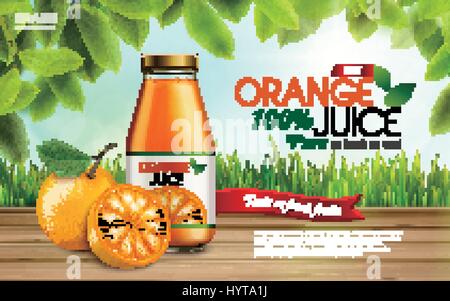 orange juice contained in glass bottles with sliced oranges, farm background, 3d illustration Stock Vector