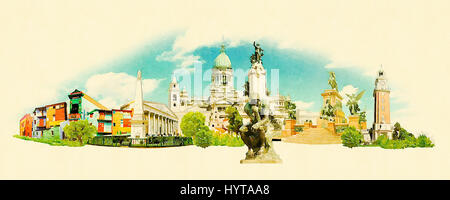 high resolution panoramic watercolor BUENOS AIRES city illustration Stock Photo