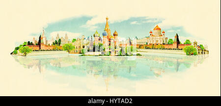 high resolution panoramic watercolor MOSCOW city illustration Stock Photo