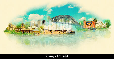 high resolution panoramic watercolor SYDNEY city illustration Stock Photo