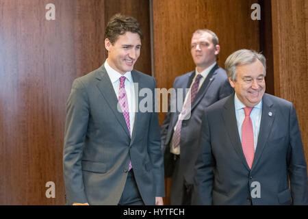 New York, USA. 06th Apr, 2017. Canadian Prime Minister Justin Trudeau is seen at the head of a meeting with UN Secretary-General Antonio Guterres in the Executive Suite at UN Headquarters in New York. Credit: Albin Lohr-Jones/Pacific Press/Alamy Live News Stock Photo