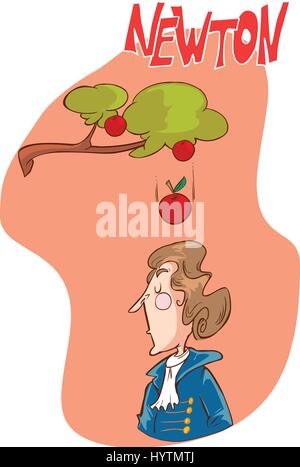 Isaac Newton - Cute Isaac Newton is sitting under an apple tree. Stock Vector