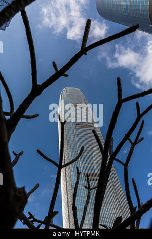 Images of IFC, Hong Kong's tallest building on the island. Reflections of the building captured on a rare clear blue sky day in Hong Kong. Stock Photo