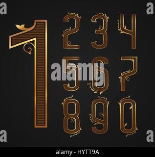 set of vintage digits from 0 to 9. Patterns of elegant gold figures with decor elements. Vector illustration Stock Vector