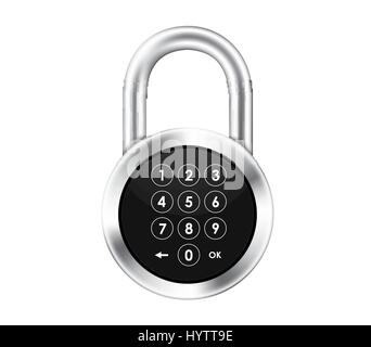 Icon of a realistic hinged metal closed lock with a black dial and a numeric keypad for entering pin code. Isolated object on white background. Stock Vector