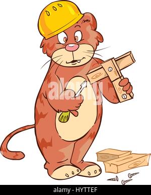 white background vector illustration of a cute carpenter cat Stock Vector