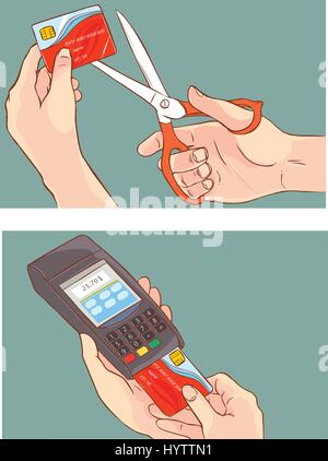 Cutting up credit card with scissors and hand pushing credit card into the pos terminal Stock Vector