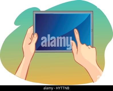 white background vector illustration of a hand holding tablet Stock Vector