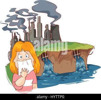 Illustration Featuring a Woman in a Polluted factory Covering Her Nose Stock Vector